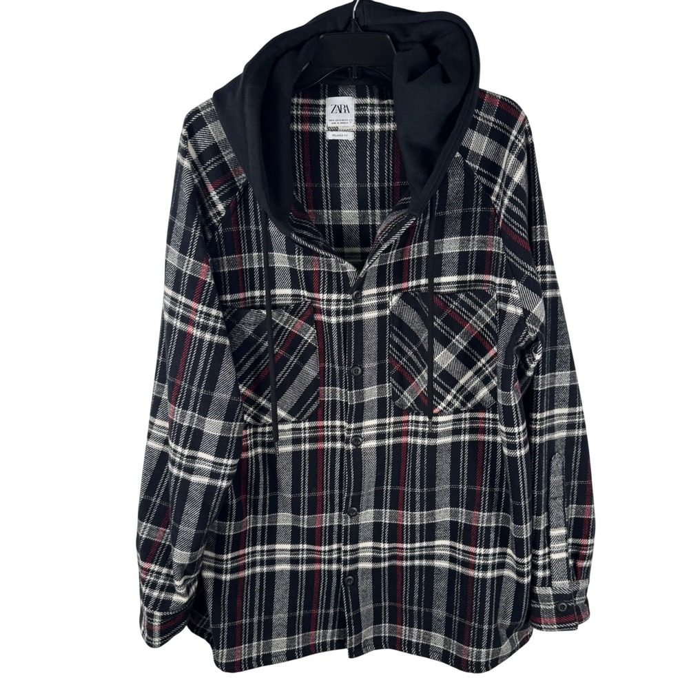 Zara Cotton Plaid Flannel Hooded Shirt tJacket Mens XL Black White Relaxed Fit